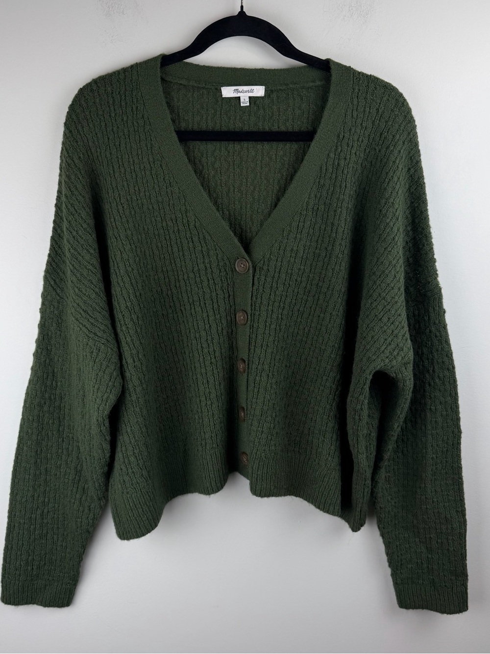Madewell Women’s Cardigan Green Alpaca Blend Textured V-Neck Button Front Size L